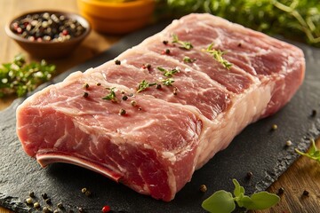 Fototapeta premium Raw lamb rack seasoned with peppercorns and thyme sprigs on a dark slate.