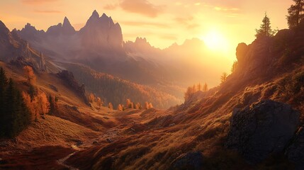 Naklejka premium A quiet mountain pass during the golden hour, with the sun setting behind a cluster of tall peaks and the landscape glowing in warm, golden tones 