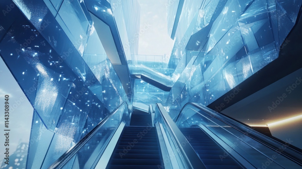 Poster a futuristic interior featuring transparent structures and escalators in a bright, modern setting.