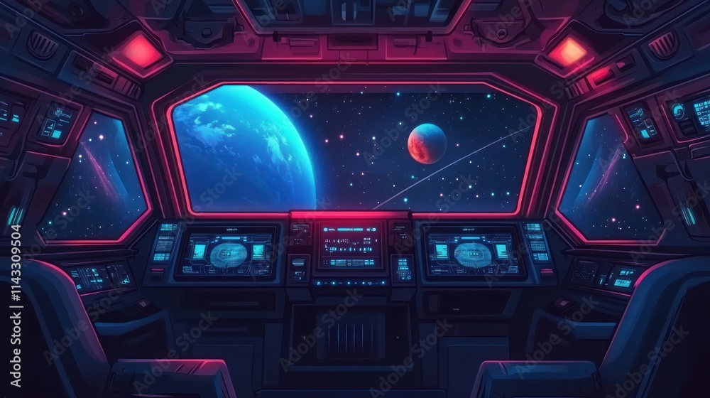 Poster a futuristic spaceship cockpit overlooking planets in space, illuminated with neon colors.