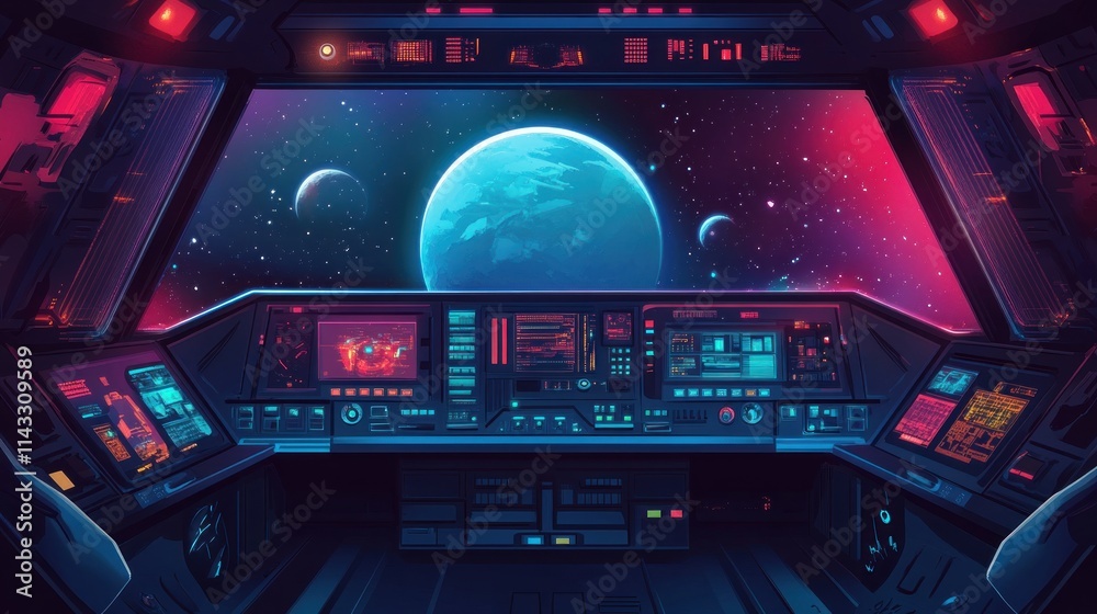 Poster A futuristic spaceship cockpit with control panels and a view of distant planets.