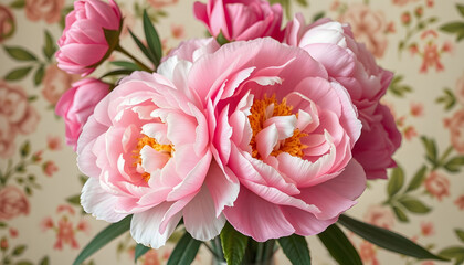 Fototapeta premium Vintage bouquet of pink and white peonies. Floristic decoration. Floral background. Baroque old fashiones style image. Natural flowers pattern wallpaper or greeting card, pop-art