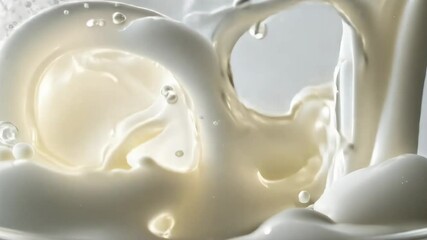 Cream splashing dramatically from a bowl against a light background during a culinary demonstration