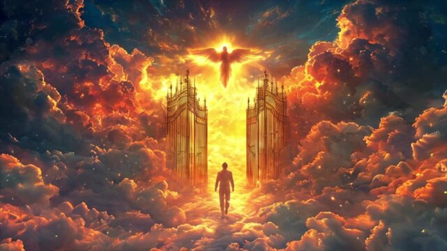 Person rising to the gates of heaven or hell among fire clouds in the sky. Shining angel on top of portal to paradise. Christian end of life concept