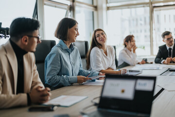 Fototapeta premium A multicultural group of people engaged in a collaborative business meeting in a contemporary office setting. Bright atmosphere with relaxed communication and teamwork in focus.