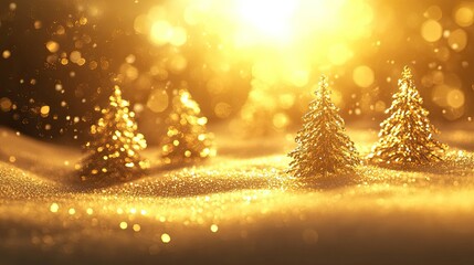 Glowing Golden Christmas Trees in Sparkling Snowy Landscape