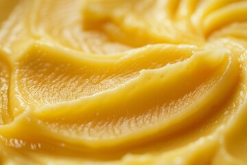 Smooth texture of golden fruit puree for baby feeding, captured in a macro close-up shot with soft swirls and creamy consistency
