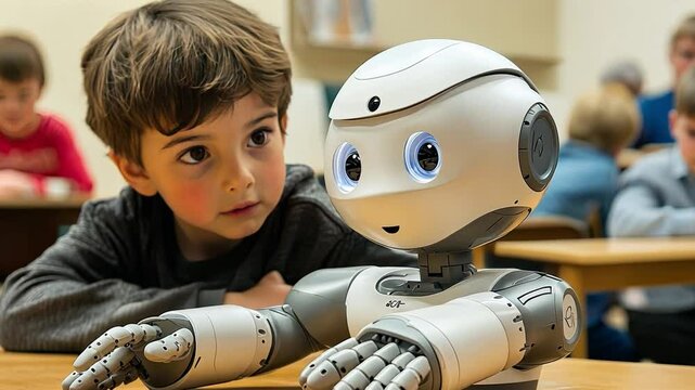 Curious Connection: A young boy gazes intently at a friendly robot in a classroom setting, sparking curiosity about the future of education and human-robot interaction. 