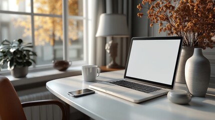 Fototapeta premium A serene workspace featuring a laptop, coffee cup, and decorative plants by a window.