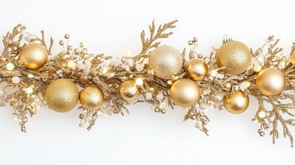 Fototapeta premium Golden Christmas Garland with Ornaments and Lights on White Background