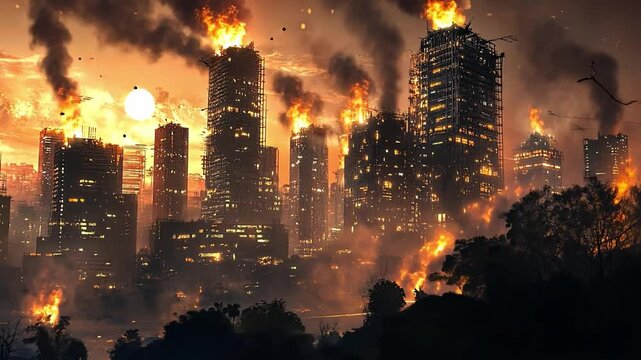 City in Flames: Apocalyptic cityscape engulfed in fire, dramatic sunset, burning buildings, ominous atmosphere 