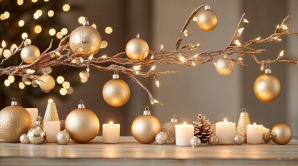 Elegant Golden Christmas Decoration with Ornaments and Candles