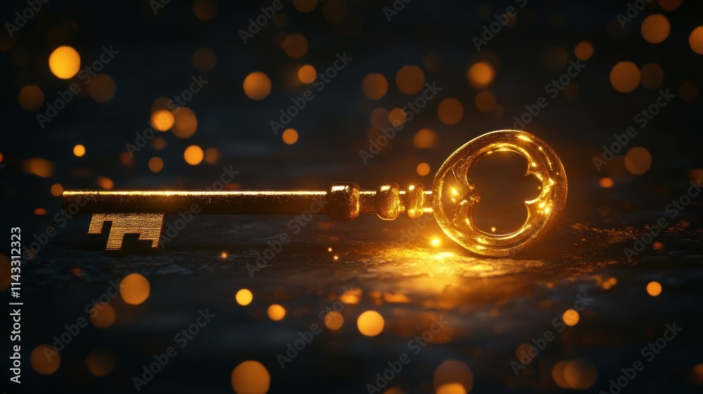 Poster a glowing golden key lies on a dark surface, surrounded by sparkling particles.