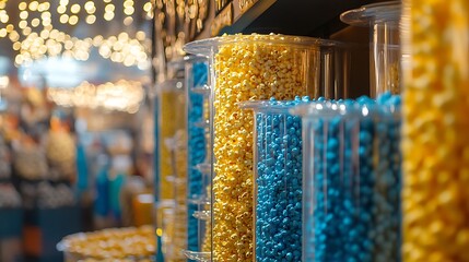 Colorful popcorn and candy in clear dispensers