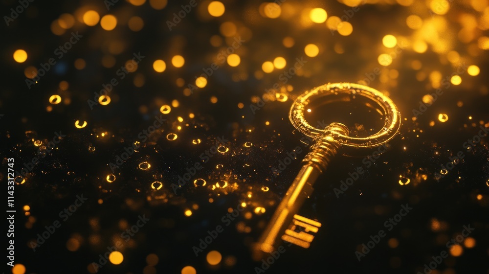Poster A golden key resting on a shimmering surface, symbolizing access and discovery.