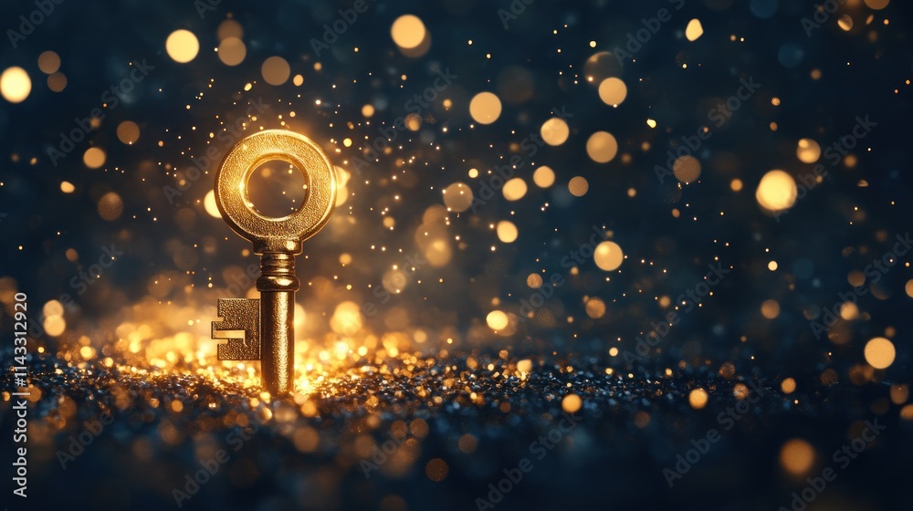 Poster a golden key surrounded by shimmering particles, symbolizing mystery and discovery.