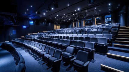 Fototapeta premium Empty modern auditorium with black seating and stage lighting