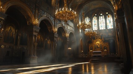 Obraz premium A grand, illuminated interior of a church with ornate details and stained glass windows.