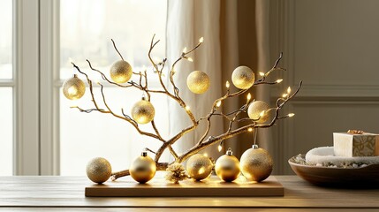 Fototapeta premium Elegant Golden Christmas Decor with Ornaments and Fairy Lights