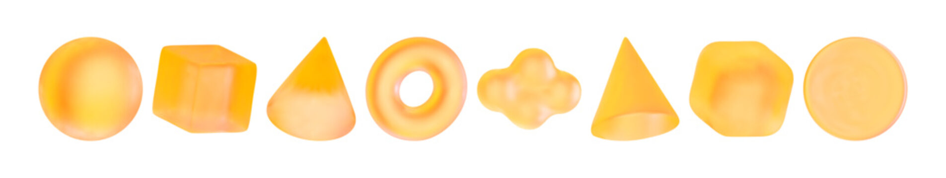 3D Set yellow liquid holographic abstrac shape in different forms Circle, square, sphere, torus, triangle