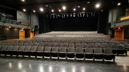 Empty Theater Interior with Rows of Black Chairs and Stage Lights