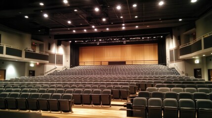 Empty auditorium with rows of chairs and stage lights shining