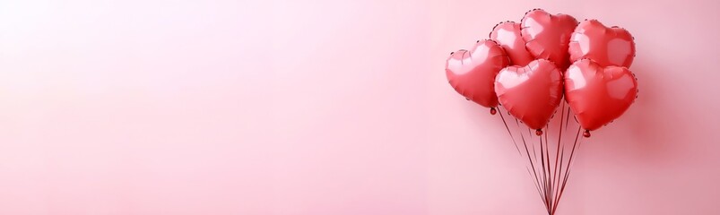 Heart shaped balloons on soft pink background for romantic greeting card or banner with copy space, perfect for birthdays, parties, weddings, Women's Day, Mother's Day, or Valentine's Day