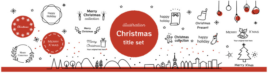 Christmas cityscape and ornaments hand drawn icon illustration set