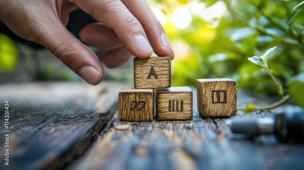Poster a hand places wooden blocks with symbols on a rustic surface surrounded by greenery.