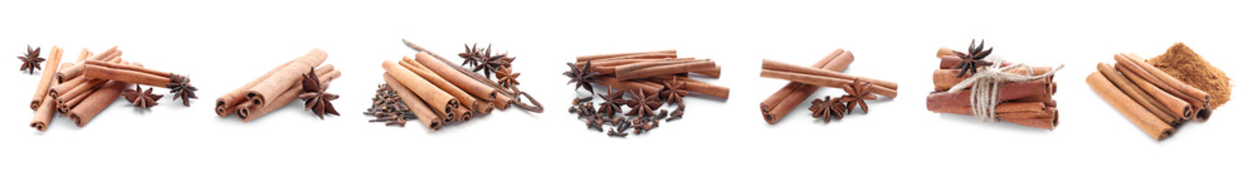 Set of aromatic cinnamon on white background