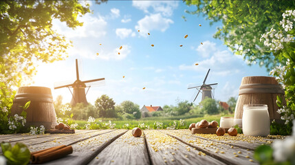 windmills milk buckets greenery sky single point perspective in the foreground milk honey sesame hazelnuts cinnamon on a long wooden table with distance between the