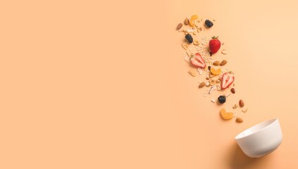 Bowl, raw oatmeal, fruits and nuts on beige background with space for text, top view