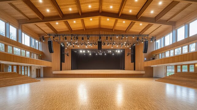Spacious Modern Auditorium Interior with Wooden Elements and Lights