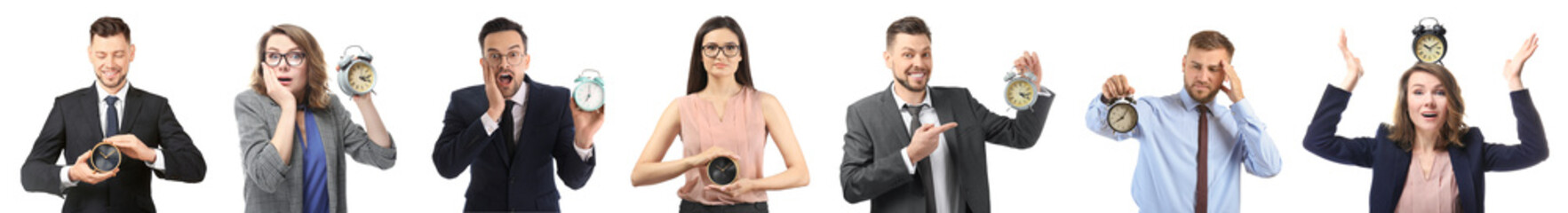Set of business people with clocks on white background. Time management concept