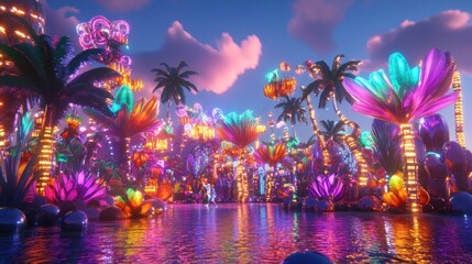 Fototapeta premium Neon-lit fantasy landscape with palm trees and glowing plants reflecting in water.