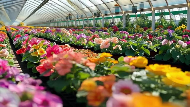 Multicolored primula flowers are thriving in a sunlit greenhouse nursery, showcasing vibrant hues of pink, orange, yellow, and purple, creating a cheerful and colorful display