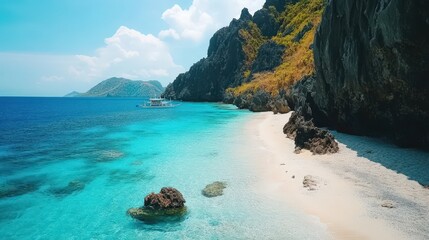 A serene tropical beach featuring pristine white sand, vibrant turquoise waters, and rugged cliffs...