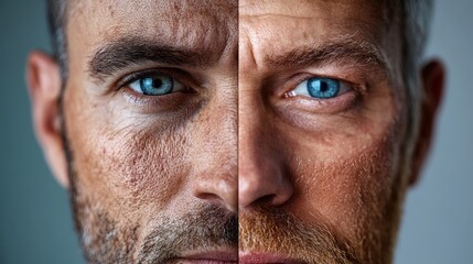Obraz premium This close-up image features the intense contrast of two men's faces, each showcasing different textures and details, reflecting individuality through skin variations and expressions of age.