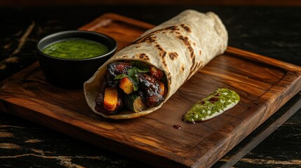 Delicious Vegetable Wrap on Wooden Board with Sauces and Garnish
