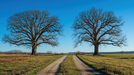 A peaceful rural landscape with trees in a field under a bright sky featuring a mix of seasons and elements like grass, a road, and scattered clouds