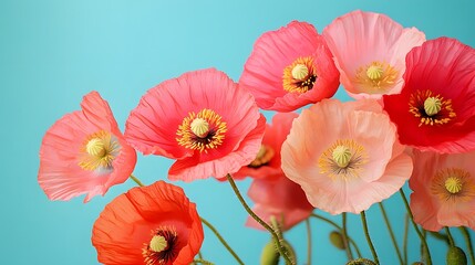 Obraz premium Vibrant Pink and Red Poppies Against a Teal Background