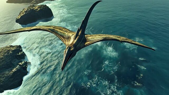 Pterodactyl Soaring Over Ocean: A majestic Pterodactyl glides majestically over a cerulean ocean, its leathery wings outstretched as it navigates the vast expanse.