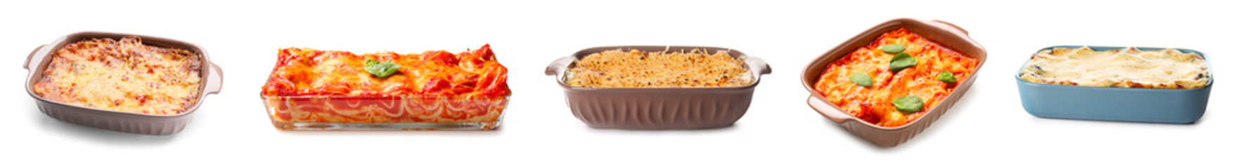 Set of baking dishes with tasty lasagna on white background
