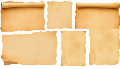 collection set old parchment paper scroll sheet vintage aged or texture isolated on white background, collage style