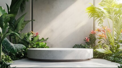 Tropical Minimalist Concrete Display with Greenery