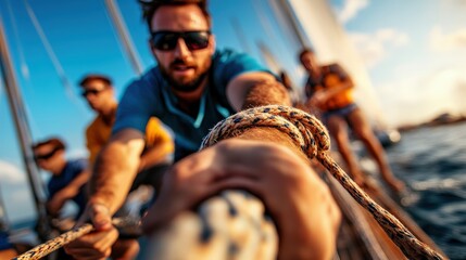 An intense moment on a boat as a sailor pulls on ropes, embodying energy and focus while other crew members actively engage, illustrating the art of sailing and teamwork.