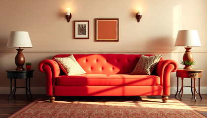 Red sofa couch in vintage room with lamps, flat papercut style, with white tones