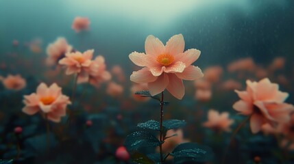 Fototapeta premium Peach Blossom in the Rain: A Serene Floral Scene