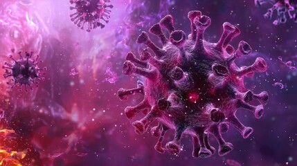 Colorful depiction of a virus in a vibrant abstract background representing microscopic life in motion