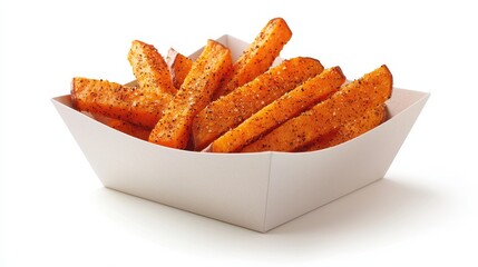 Healthy sweet potato fries, neatly stacked in a white box, vibrant orange with a sprinkle of seasoning, isolated on a bright white backdrop